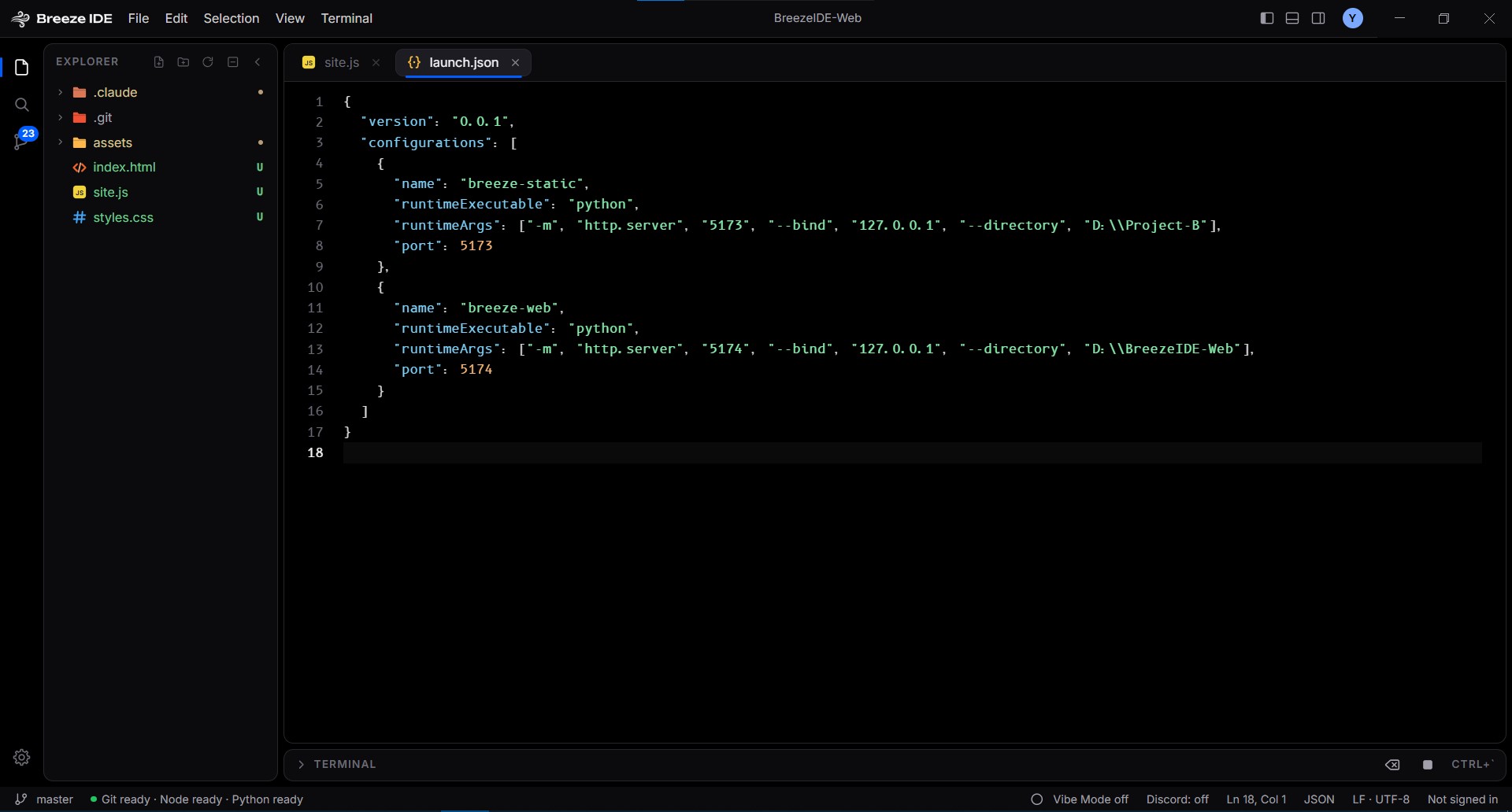 Breeze Code editor window: the explorer, launch.json in the editor, and the status bar showing Git, Node and Python ready
